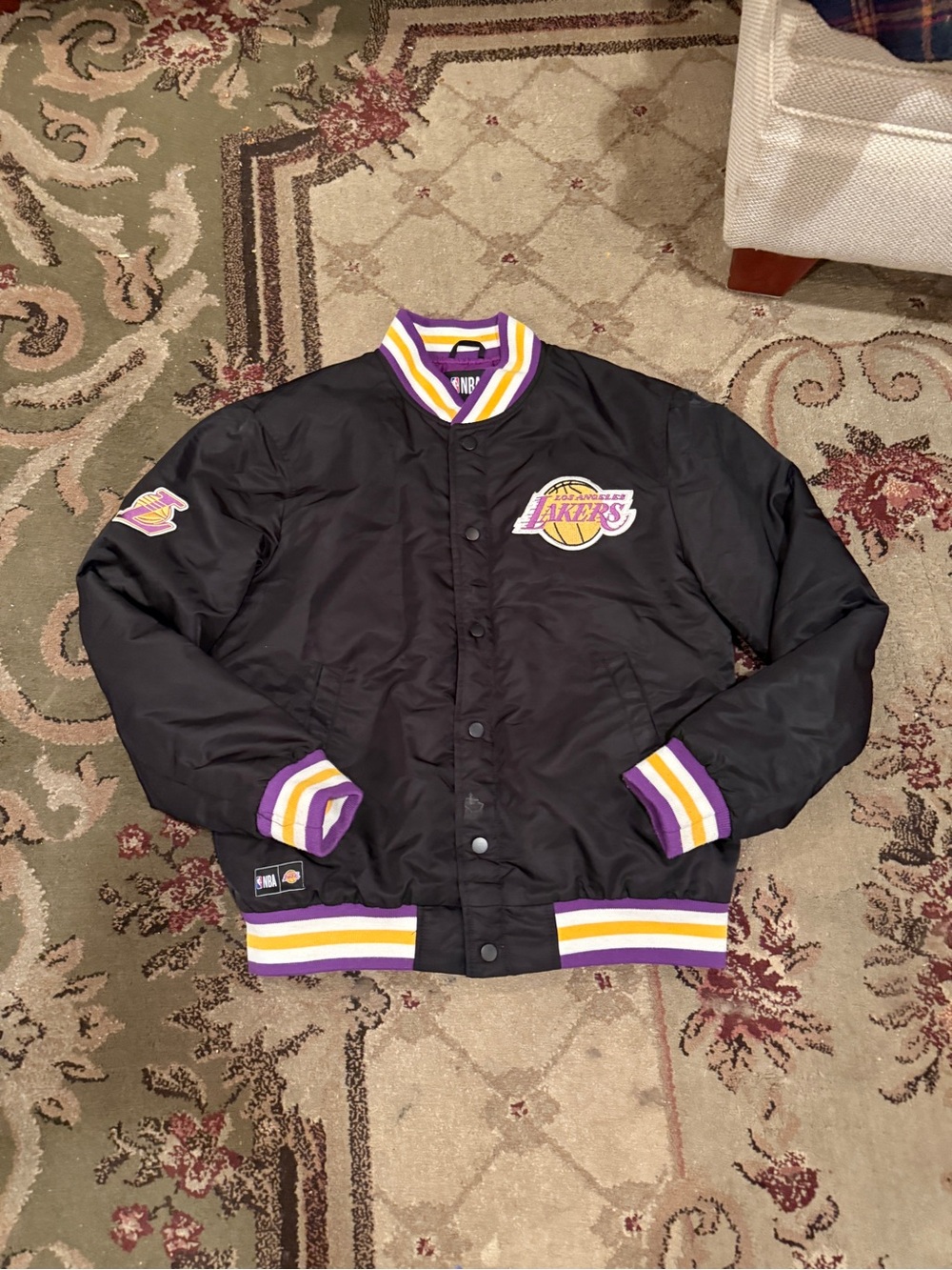 NBA Los Angeles Lakers Black Satin Bomber Jacket with Purple & Gold Trim